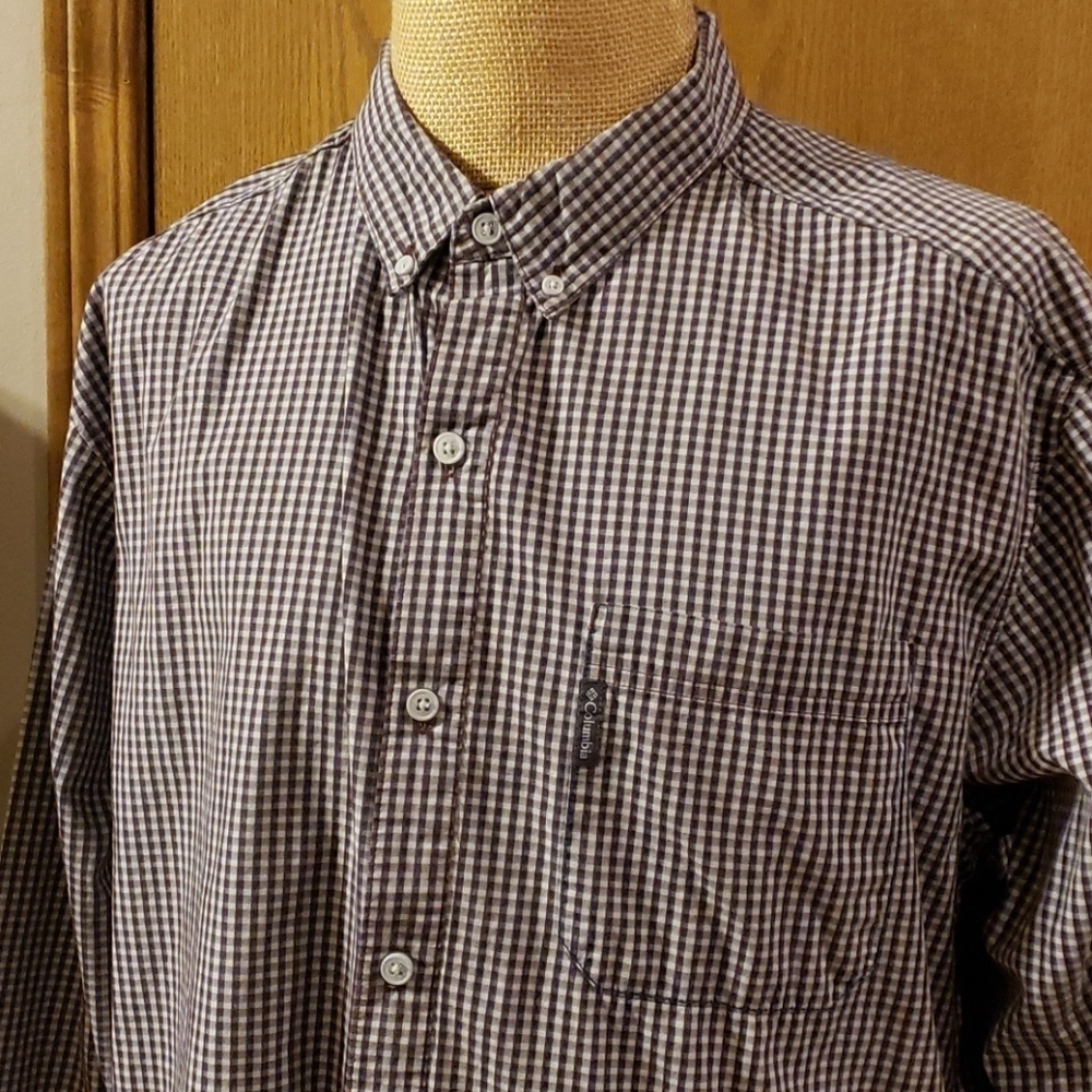 Columbia brown blue checkered plaid button down